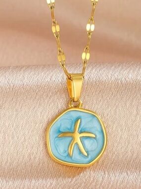 Starfish Oil Drop Pendant Necklace Stainless Steel Summer Ocean-Themed